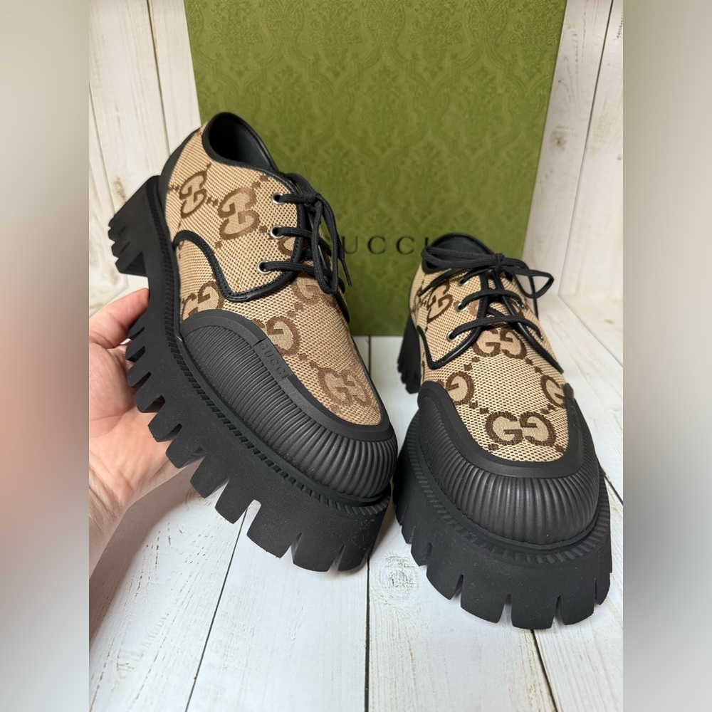 Gucci Monogram Jumbo Maxi GG Lace Up Derby Camel Ebony Black Sz 11G / 12US - Picture 6 of 12